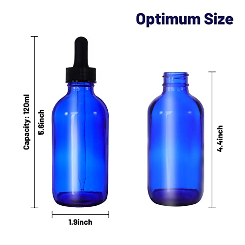 24 Pack 4oz Cobalt Blue Glass Bottles with Glass Eye Droppers for Essential Oils, Perfumes & Lab Chemicals (2 Brushes, 2 Funnels, 2 Extra Droppers, 36 Pieces Labels & Measuring Cup Included) - color: Cobalt Blue