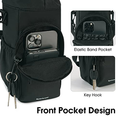sportsnew 40oz Insulated Crossbody Water Bottle Bag Gym Hiking Phone Pocket - color: Black