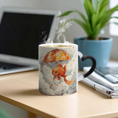 Fish Umbrella Color Changing Mug Heat Sensitive Coffee Mug Magical Ceramic Coffee Cup Personalized Tea Cup Message Appears As It Heats Novelty Gift for Family Friend