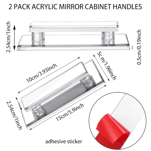2 Pcs Mirror Closet Door Pulls Handle Adhesive Self Stick Acrylic Drawer Handle Knob Large Clear Instant Stick on Knobs for Closet Cabinet Wardrobe Windows Dresser Sliding Door (5.9 x 2 Inch) - size: 5.9 x 2 Inch