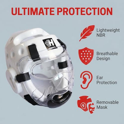Taekwondo Headgear Karate Headgear with Removable mask for Sparring Partner Muay Thai Taekwondo Karate MMA Training Youth Adults - color: white, size: Small