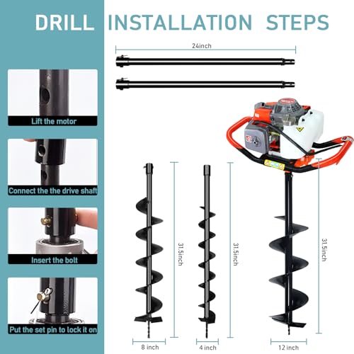 72cc Post Hole Digger, Gas Powered Post Hole Digger, Earth Auger Digger with 3 Drill Bit 4" & 8" & 12" and 2 Extension Rods 24" 24" for Planting Fence Farmland Garden & Plant, 2200W - size: 72cc