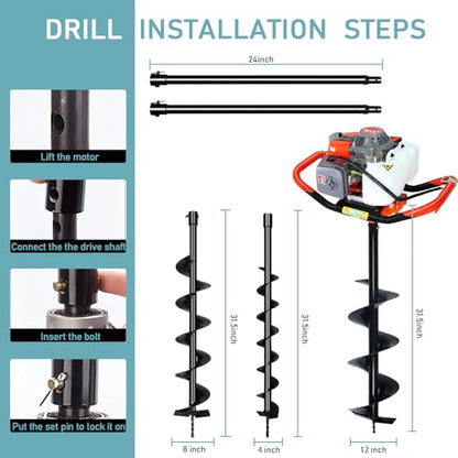 72cc Post Hole Digger, Gas Powered Post Hole Digger, Earth Auger Digger with 3 Drill Bit 4" & 8" & 12" and 2 Extension Rods 24" 24" for Planting Fence Farmland Garden & Plant, 2200W - size: 72cc
