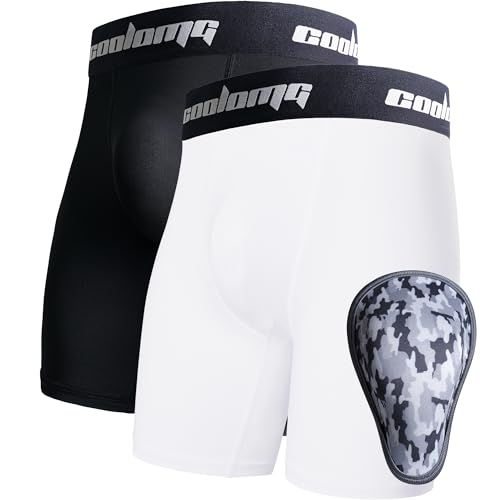 COOLOMG 2-Pack Boys Baseball Underwear with 1 Soft Protective Athletic Cup | Youth Groin Cup Compression Shorts for Football Baseball MMA Lacrosse - color: Black White, size: X-Large
