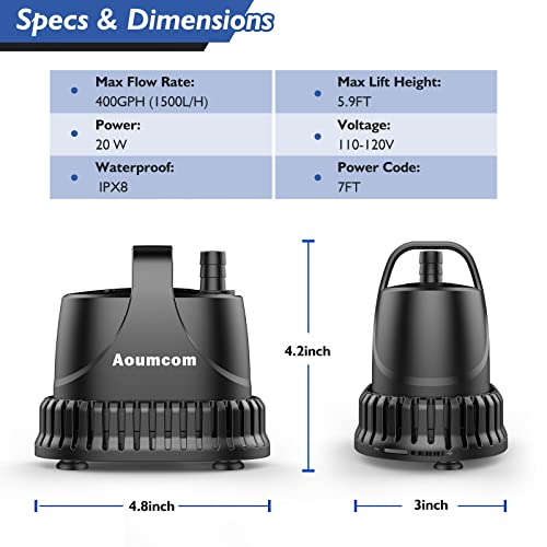 400GPH Submersible Water Pump, 20W Water Fountain Pump, Aquarium Pump, 1500L/H Water Pump with 7ft Power Cord for Garden Fountain, Water Table, Waterfall, Fish Tank, Pond, Hydroponics - size: 20W-400GPH