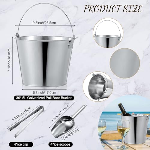 38 Pcs Galvanized Beer Buckets Set, 16 Metal Pails with 4 Scoops & 4 Tongs, 7 Inch Rustic Ice Bucket for Parties, Wedding Centerpieces, Planters, Candy Buffet & Event Decor (Silver)