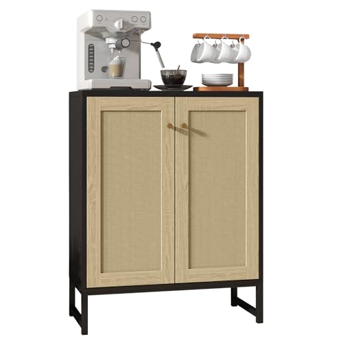 Panana Rattan Decorated 2 Doors Storage Cabinet Accent Cabinet Living Room Cupboard Kitchen Sideboard Buffet Table (Black)