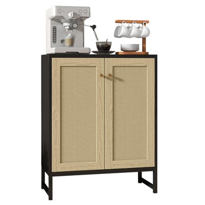 Panana Rattan Decorated 2 Doors Storage Cabinet Accent Cabinet Living Room Cupboard Kitchen Sideboard Buffet Table (Black)
