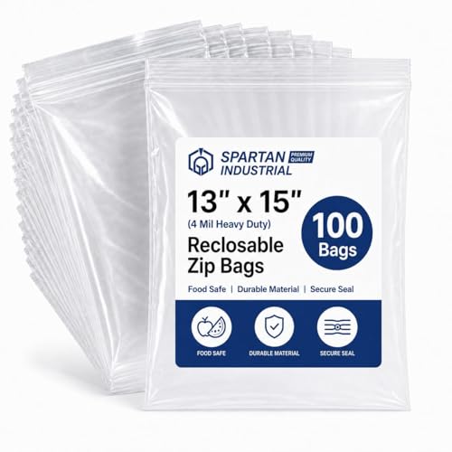 Spartan Industrial - 13” X 15” (100 Count) 4 Mil Thick Clear Reclosable Zip Plastic Poly Bags with Resealable Lock Seal Zipper - Heavy Duty and Durable - size: 13" X 15"