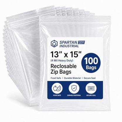 Spartan Industrial - 13” X 15” (100 Count) 4 Mil Thick Clear Reclosable Zip Plastic Poly Bags with Resealable Lock Seal Zipper - Heavy Duty and Durable - size: 13" X 15"