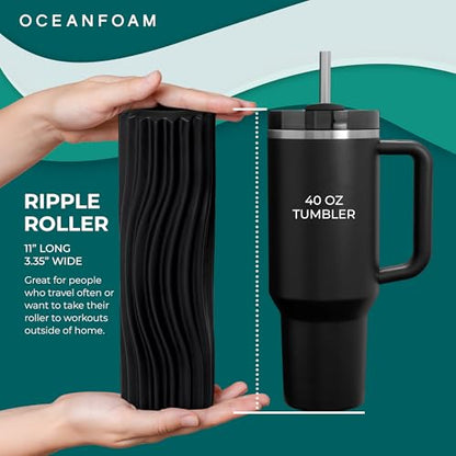Oceanfoam Ripple Travel Foam Roller (11" x 3.35") Firm Mini Foam Roller for Physical Therapy, Deep Tissue Massage, Back Pain - High Density, Ergonomic Wave Textured - Yoga, Pilates, Exercise (Black) - color: Black