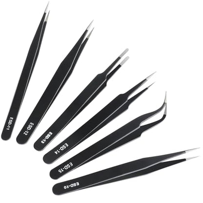 6 Pcs Precision Tweezers Set, Premium Anti-Static Stainless Steel Tweezer, ESD Curved of Tweezers for Electronics, Craft, Laboratory Work, Jewelry-Making, etc
