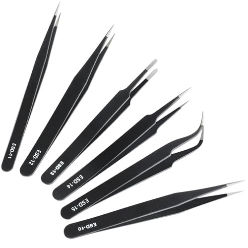 6 Pcs Precision Tweezers Set, Premium Anti-Static Stainless Steel Tweezer, ESD Curved of Tweezers for Electronics, Craft, Laboratory Work, Jewelry-Making, etc