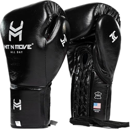 HIT N MOVE All Day Pro Balance Sparring and Bag Boxing Gloves LACE UP, Boxing Gloves Men & Women, Boxing Equipment, Sparring & Bag Gloves for Boxing, Kickboxing, Muay Thai, MMA - color: Black, size: 12 OZ