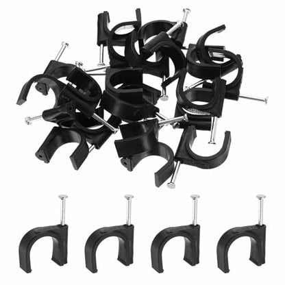 HARFINGTON 120pcs Cable Clips with Nail 20mm ID Circular Single Half Clamp J-Hook with Nail Cord Clips for Wires on Wall for Ethernet Tacks Coax Pex Tubing Pipe Support, Black - size: 20mm ID