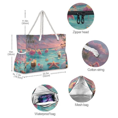 senya Large Beach Bags Totes Canvas Tote Shoulder Bag Soft Wave Water Resistant Bags for Gym Travel Daily Ocean - color: Hawaii Beach Two Flamingo