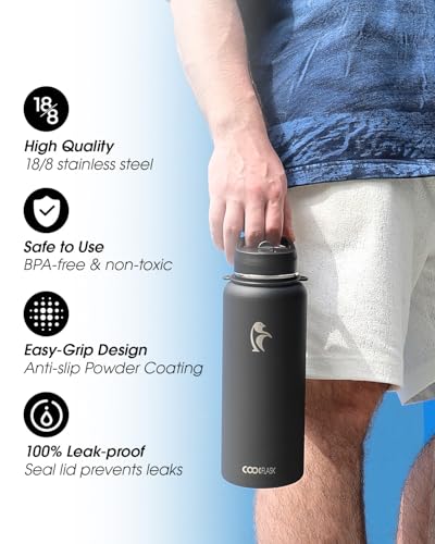 Coolflask 40 oz Water Bottle Insulated Stainless Steel with Strap - color: Magic Black, size: 40 Ounces