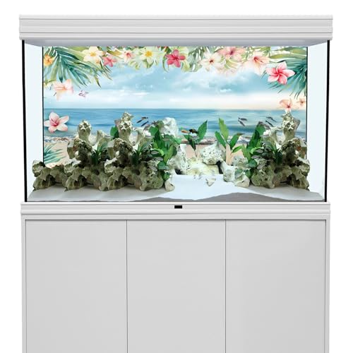 AWERT 36x18 inches Sea Beach Aquarium Background Blue Sky Seaside Beach Tropical Plants Flowers Shells Starfish Fish Tank Background Polyester Terrarium Background