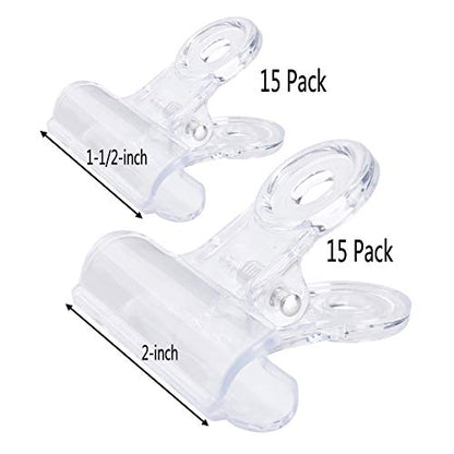 30 Pack Plastic Clear Clips Clamps, 1-1/2 Inch and 2 Inch Sizes