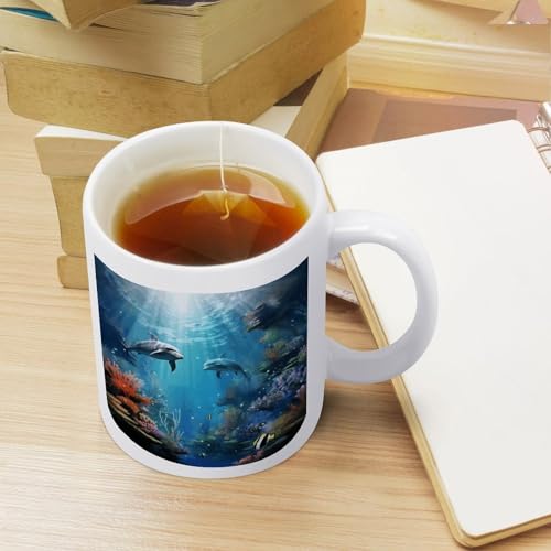 11oz White Ceramic Coffee Mug Funny Blue Ocean Underwater Fish Tea Cup Microwave & Dishwasher Safe, Lead-Free for Home Office Daily Use & Gifting