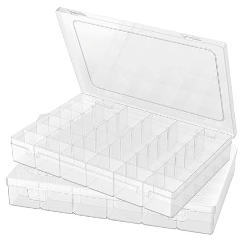 2 Pack Plastic Organizer Container Box, 36 Grids Clear Plastic Parts Organizer Box, for Beads, Art DIY, Crafts, Jewelry, Fishing Tackle with Label Stickers