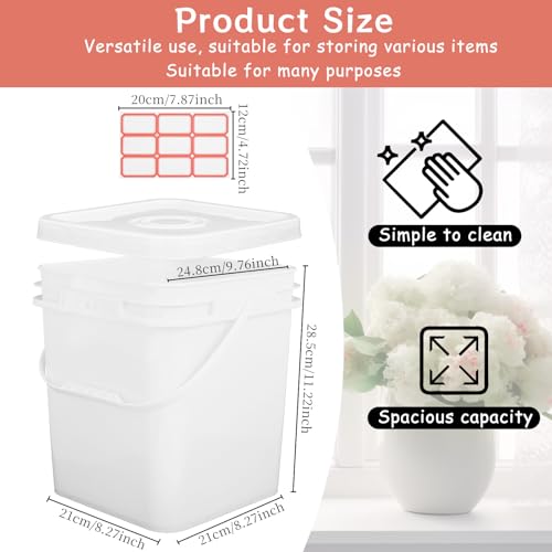 6 Pcs 3.5 Gallon Square Bucket with Plastic Handles and Lid White Lightweight Square Bucket Pail for Storing Charcoal,Dry Food, Fishing, Camping