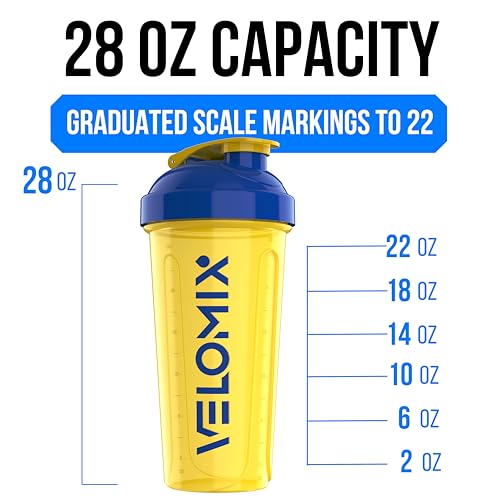 VELOMIX 2 Pack 28oz Protein Shaker Bottle for Protein Mixes, Stand Strong - color: B4) Yellow / Blue