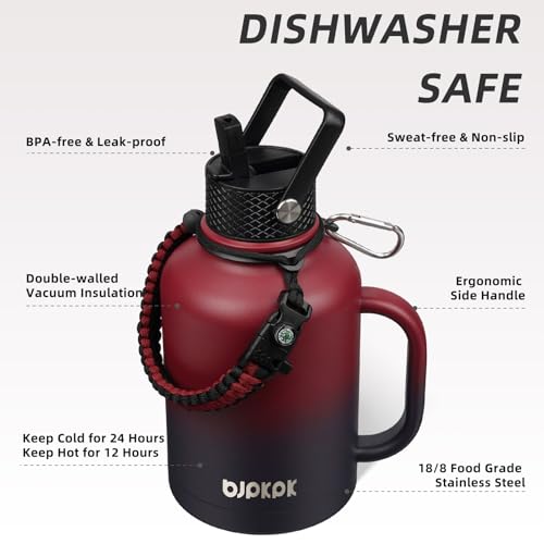 BJPKPK 50oz Insulated Water Bottle with Straw Lid Stainless Steel Water Jug - color: Charming Red, style: 50oz-Side Handle