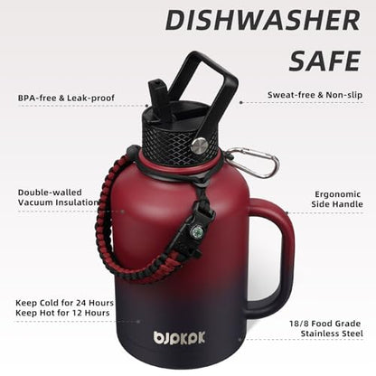 BJPKPK 50oz Insulated Water Bottle with Straw Lid Stainless Steel Water Jug - color: Charming Red, style: 50oz-Side Handle