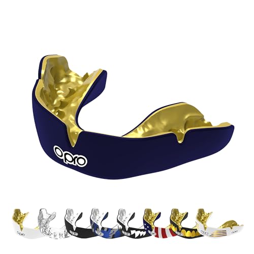 OPRO Instant Custom-Fit Mouthguard – Dentist Level Gum Shield Adult and Kids – OPRO Mouth Guard Boxing and MMA, Self-Fit Gum Shield Rugby – Maximum Protection with Dental Warranty (Dark Blue/Gold) - color: Dark Blue/Gold, size: Adult (10+)