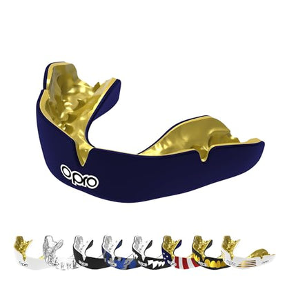OPRO Instant Custom-Fit Mouthguard – Dentist Level Gum Shield Adult and Kids – OPRO Mouth Guard Boxing and MMA, Self-Fit Gum Shield Rugby – Maximum Protection with Dental Warranty (Dark Blue/Gold) - color: Dark Blue/Gold, size: Adult (10+)