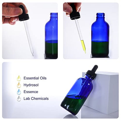 24 Pack 4oz Cobalt Blue Glass Bottles with Glass Eye Droppers for Essential Oils, Perfumes & Lab Chemicals (2 Brushes, 2 Funnels, 2 Extra Droppers, 36 Pieces Labels & Measuring Cup Included) - color: Cobalt Blue