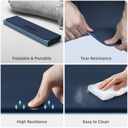 HAHE Extra Wide Folding Exercise Mat 75"x40"x0.4" TPE Fitness Mat | High Density Foldable Yoga Mat, Non-Slip Yoga Mat for Home Gym, Strength Training, Travel, 7-Fold Portable for Women, Men - color: Navy Blue & Mist Blue