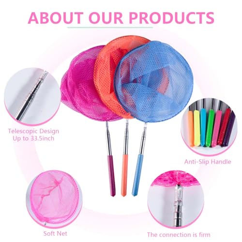 KISEER 7-Piece Colorful Telescopic Kids Fishing Net Butterfly Net Catching Insects Bugs Beach Toys for Kids Outdoor Playing