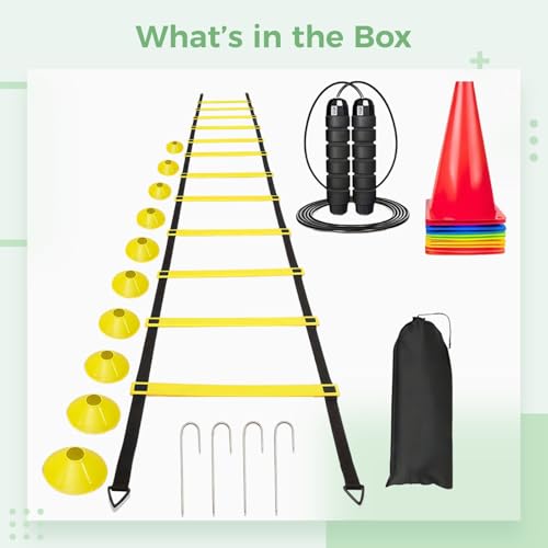 Agility Ladder Training Set, 12 Rung Speed Ladder 19.7 ft (6 Meters), with Soccer Cones 10 pcs & Carry Bag, Equipment for Soccer Training, Speed, Agility, Coordination Drills
