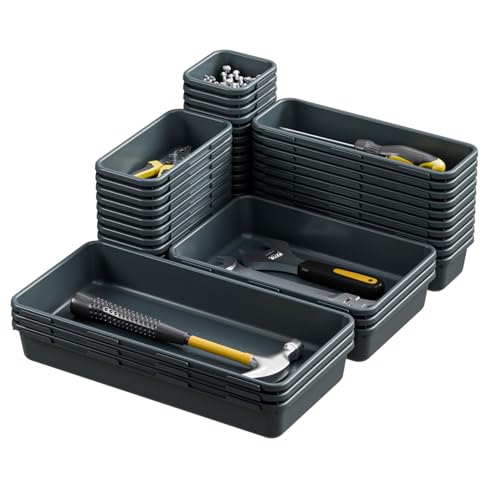 BYCY 38PCS Interlocking Desk Drawer Organizer Tray Divider Set, Plastic Black Desk Organizer Separator, Office Drawer Dividers Storage Bins for Office Bathroom Kitchen (38pcs 5Size) - size: 38pcs 5Size