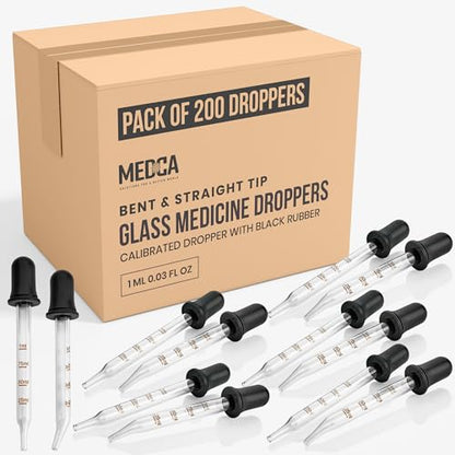 MEDca Eye Dropper - (Pack of 200 Bulk) Bent & Straight Tip Calibrated Glass Medicine Droppers for Medications or Essential Oils Dropper for Accurate Easy Dose and Measurement (1 mL Capacity)