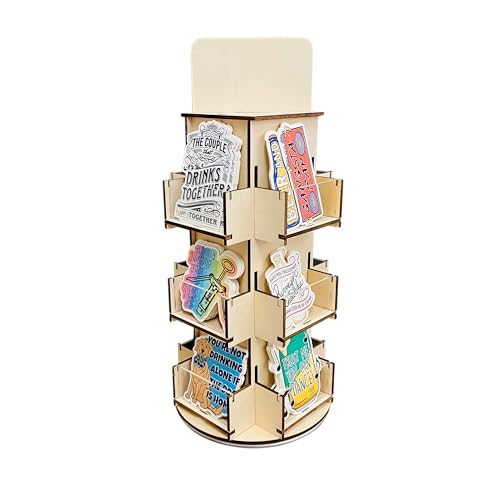 Rotating Display Stand, 3 Tier Wooden Organizer, 4-Sided Display Rack, 360 degree Spinning Multi-Pocket Tabletop Display Stand for Coasters, Stickers, Retail, Showcase, Tradeshow, 17”H, Natural - style: NATURAL