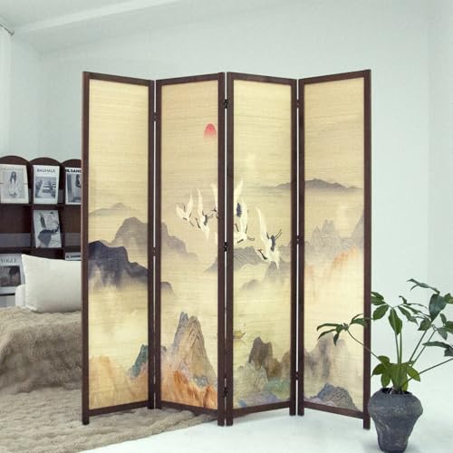 4 Panel Bamboo Room Divider, 5.6 ft Tall Double-Sided Freestanding Folding Privacy Screen, Premium Thickened Wood Frame with Colorful Landscape Pattern for Home Office (67" H x 63" W)