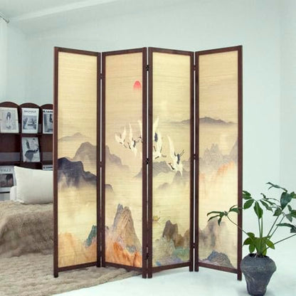 4 Panel Bamboo Room Divider, 5.6 ft Tall Double-Sided Freestanding Folding Privacy Screen, Premium Thickened Wood Frame with Colorful Landscape Pattern for Home Office (67" H x 63" W)