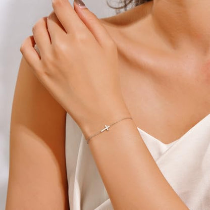 18K Gold Plated Small Cross Bracelet for Women | Tiny Cute Cross Bracelets | Beaded Bracelet | Hip Hop Knot | Hand Chain Bracelets | Gold Jewelry Gifts for Women - color: Cross Silver