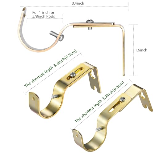 Frienda 4 Pcs Gold Curtain Rod Support Brackets Adjustable Curtain Rod Hangers for 1 Inch Diameter General Hardware Holders Wall Bracket Hanger Hooks with Screws