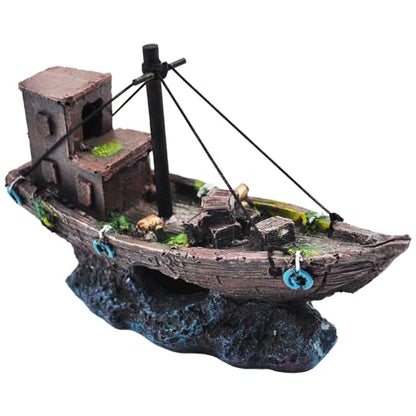 Aquarium Shipwreck Decor Fish Tank Sunken Ship Ornament Pirate Shipwreck Decoration Resin Sunken Boat Betta Fish Sunken Ships Accessories for Freshwater Saltwater Tanks, Dark Brown - style: Sunken ship (A)