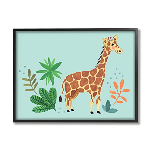 Stupell Industries Endearing Giraffe Floral Botanicals Turquoise Background,Design by Heather Strianese