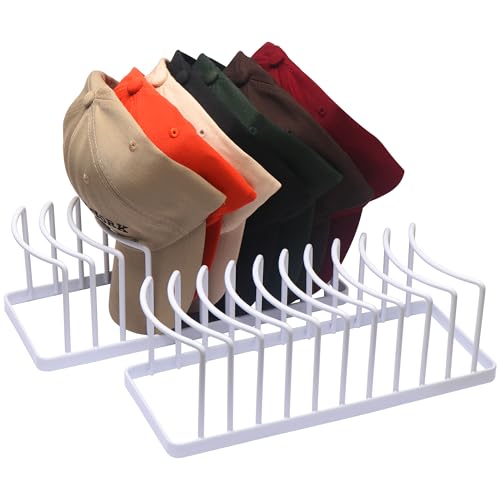 Hat Organizer for Baseball Caps - 2 Pack Hat Stand Holds 20 Caps | Space Saving Hat Holder, Heavy Duyt Metal Hat Rack, No Assembly Required for Tabletop, Closet, Desk Preserves Hat Shape - color: White 2 Pack