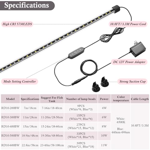 Dirvin 11W LED Fish Tank Light with Timer, Submersible Aquarium Light, 24/7 Mode Sunrise-Daylight-Moonlight and 3 Colors Adjustable Brightness, Auto On/Off, 22.8in - size: 22.8in