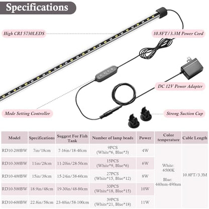 Dirvin 11W LED Fish Tank Light with Timer, Submersible Aquarium Light, 24/7 Mode Sunrise-Daylight-Moonlight and 3 Colors Adjustable Brightness, Auto On/Off, 22.8in - size: 22.8in