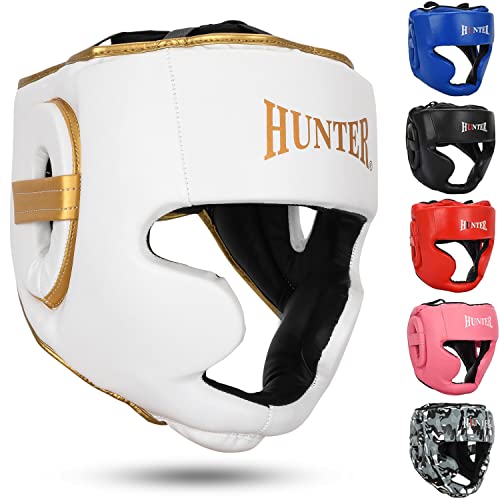HUNTER Boxing Headgear for Youth & Adults, Adjustable Sparring Head Guard for MMA, Muay Thai, Kickboxing, Karate & Martial Arts Training, Full Coverage Cheek & Chin Protection - color: White, size: Small-Medium
