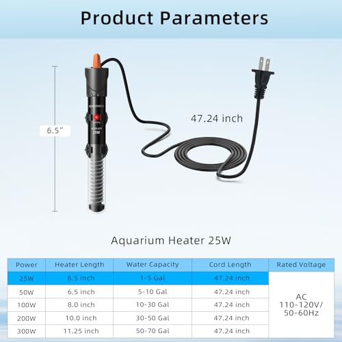 Aquarium Heater 25W/50W/100W/200W/300W, Adjustable Knob Fish Tank Heater with Digital Thermometer, Submersible Betta/Turtle Tank Heater for Freshwater and Saltwater Tanks - size: 25W for 1-5 gallon