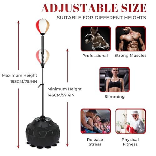 Boxing bar Reflex Speed Bag Punching Bag Free Standing Boxing Bag with Adjustable Height & Reinforced Spring Strong Durable Relief Stress Ball for MMA WWE Exercise（red White Gold）
